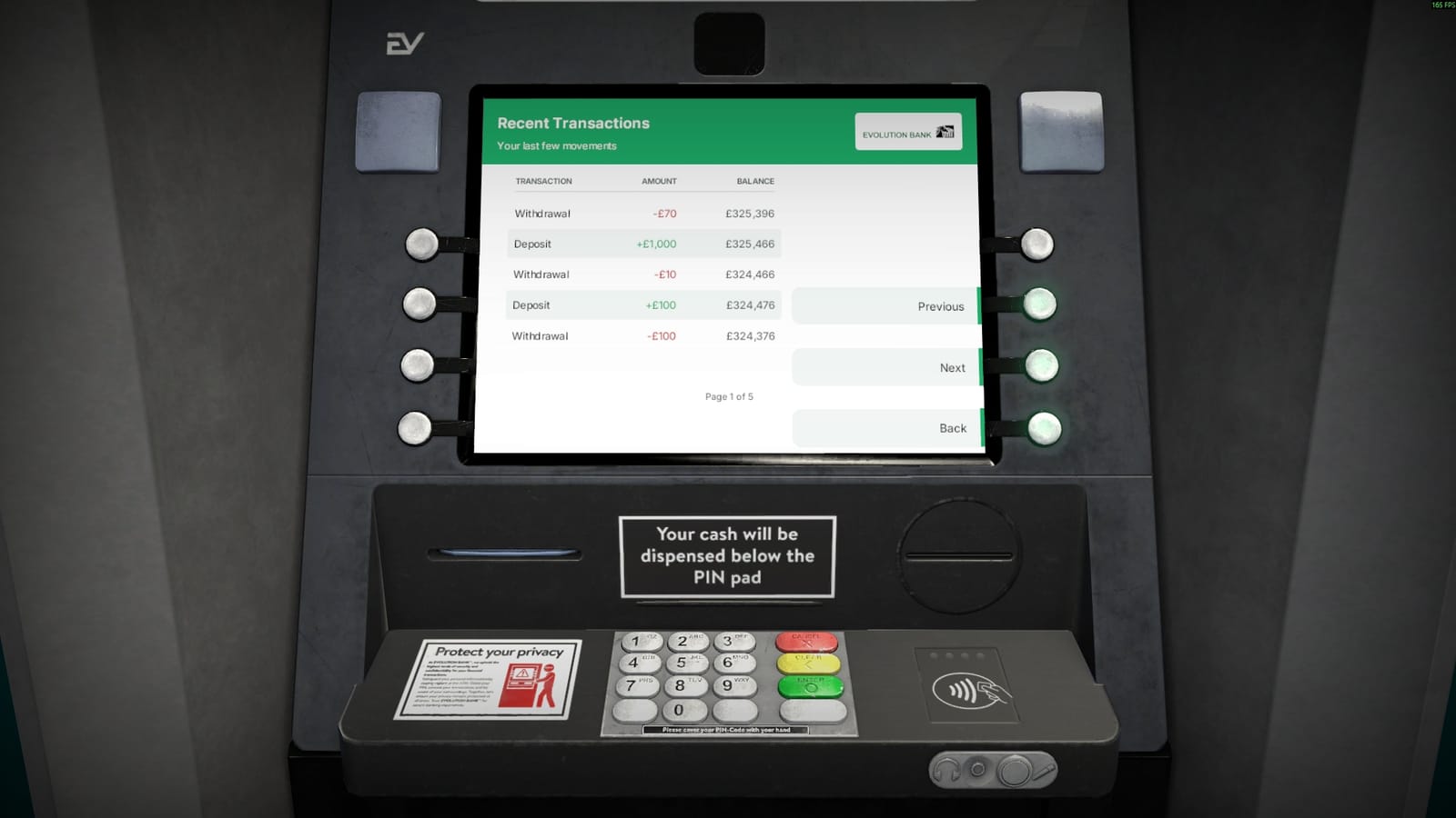 Evolution Bank ATM transaction history screen