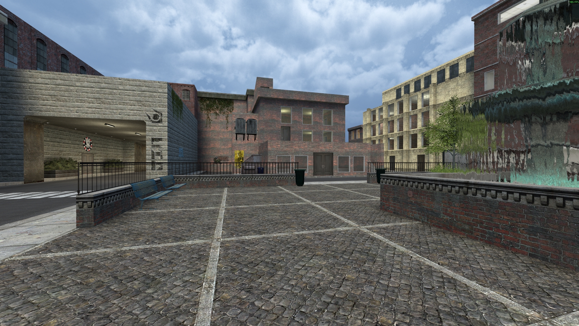 A cobbled plaza on rp_downtown_bzgg, next to the spawn tunnel