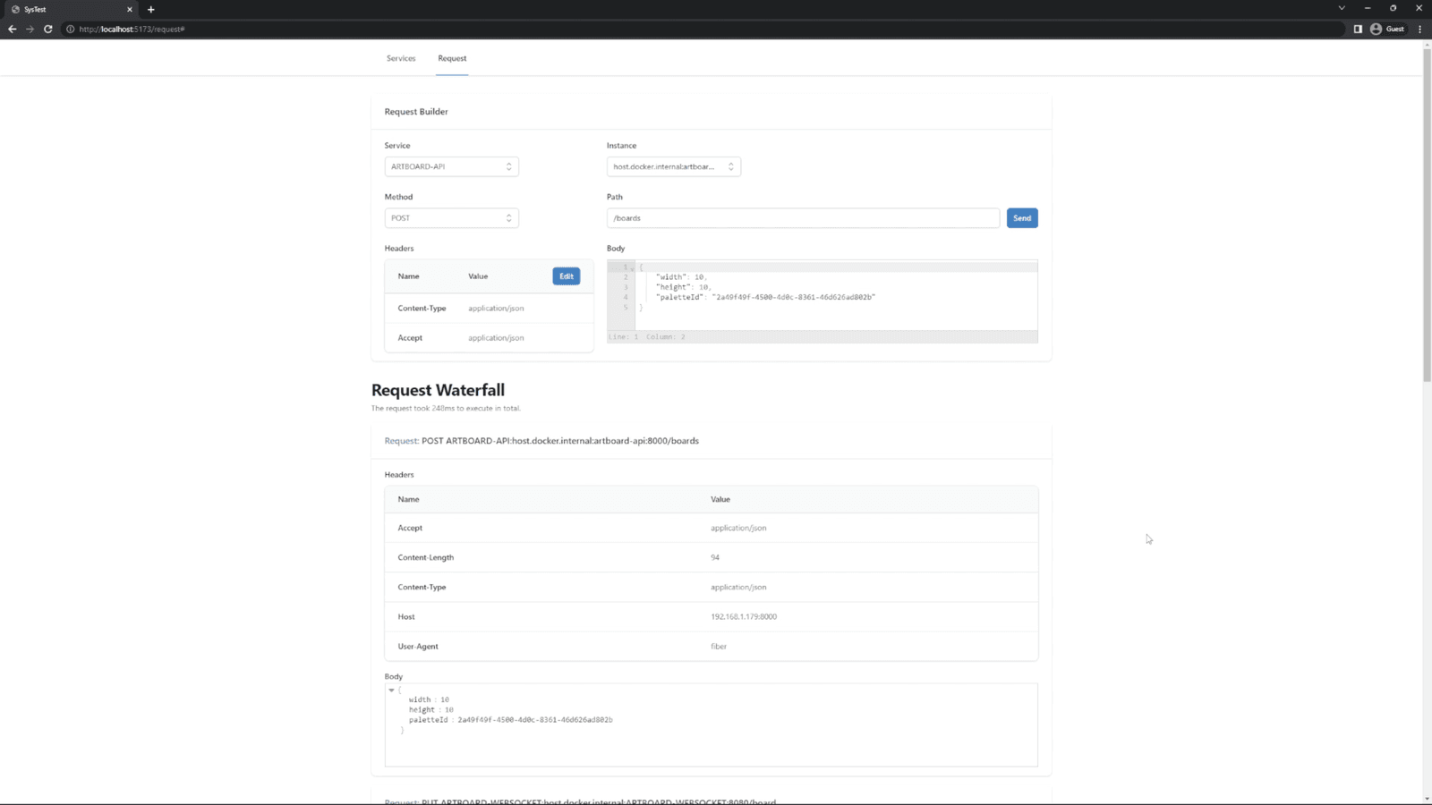 SysTest request builder and waterfall trace